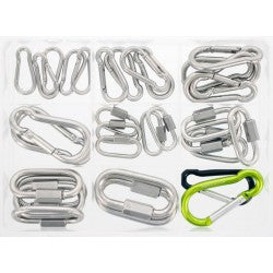 Marinetech sortimentskasse med 32 karabinhager i rustfri A4 og farvet aluminium