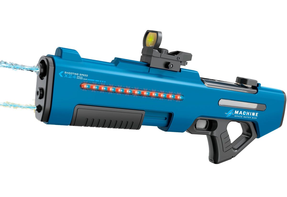 Blå Megaleg Space Water Gun Pro+, elektrisk vandpistol med dobbelt vandstråle
