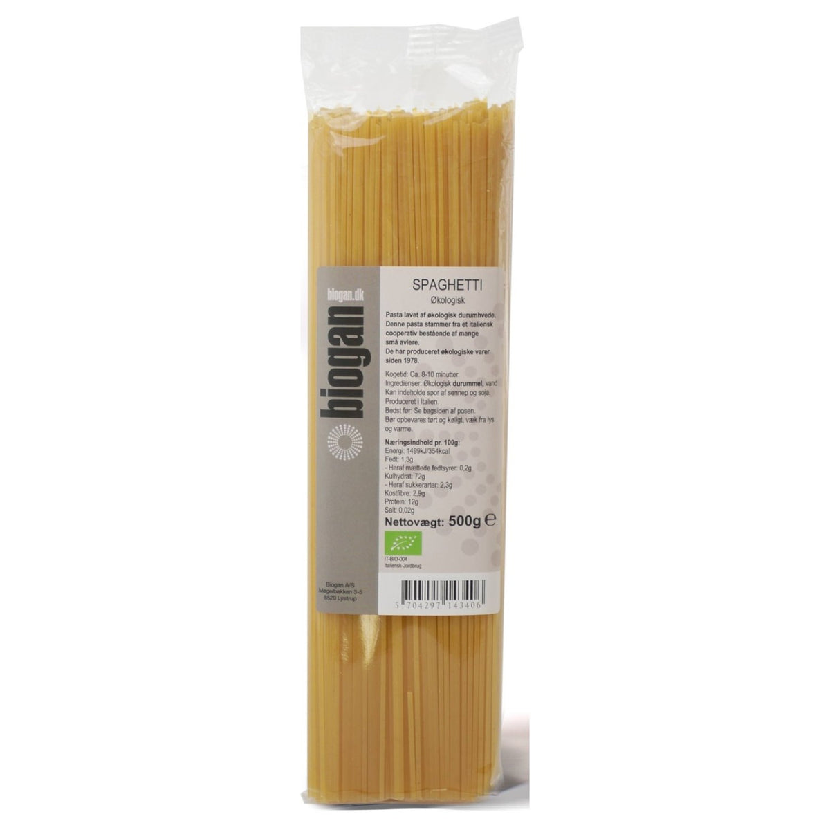 Pakke med økologisk spaghetti fra Italien af mærket Biogan, 500 g
