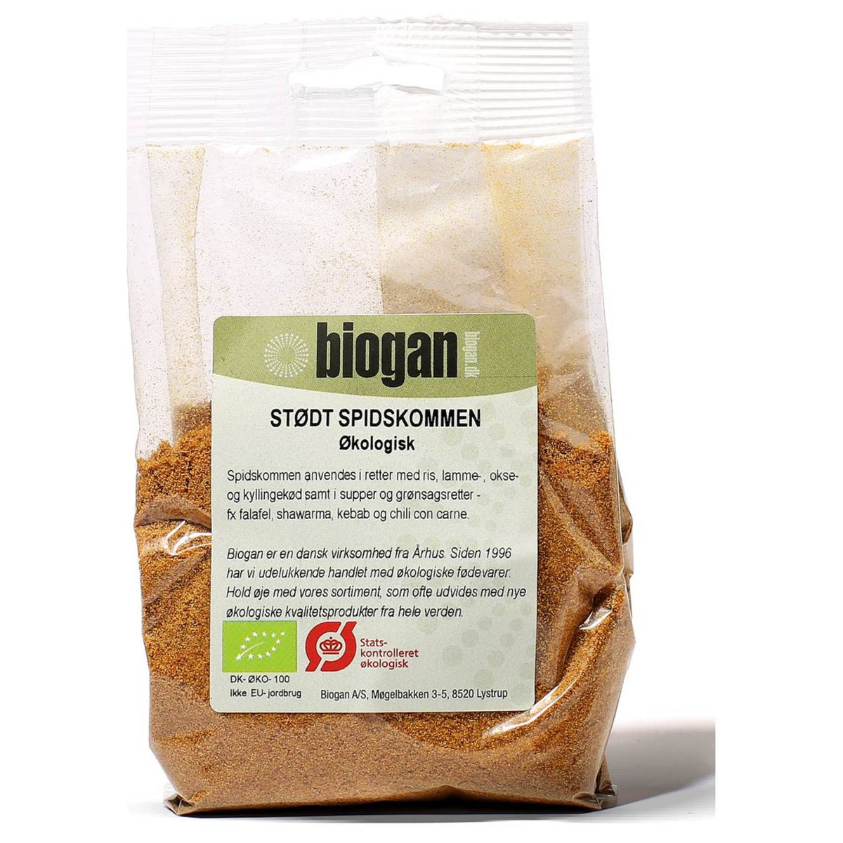Pakke med 100 gram økologisk stødt spidskommen fra Biogan