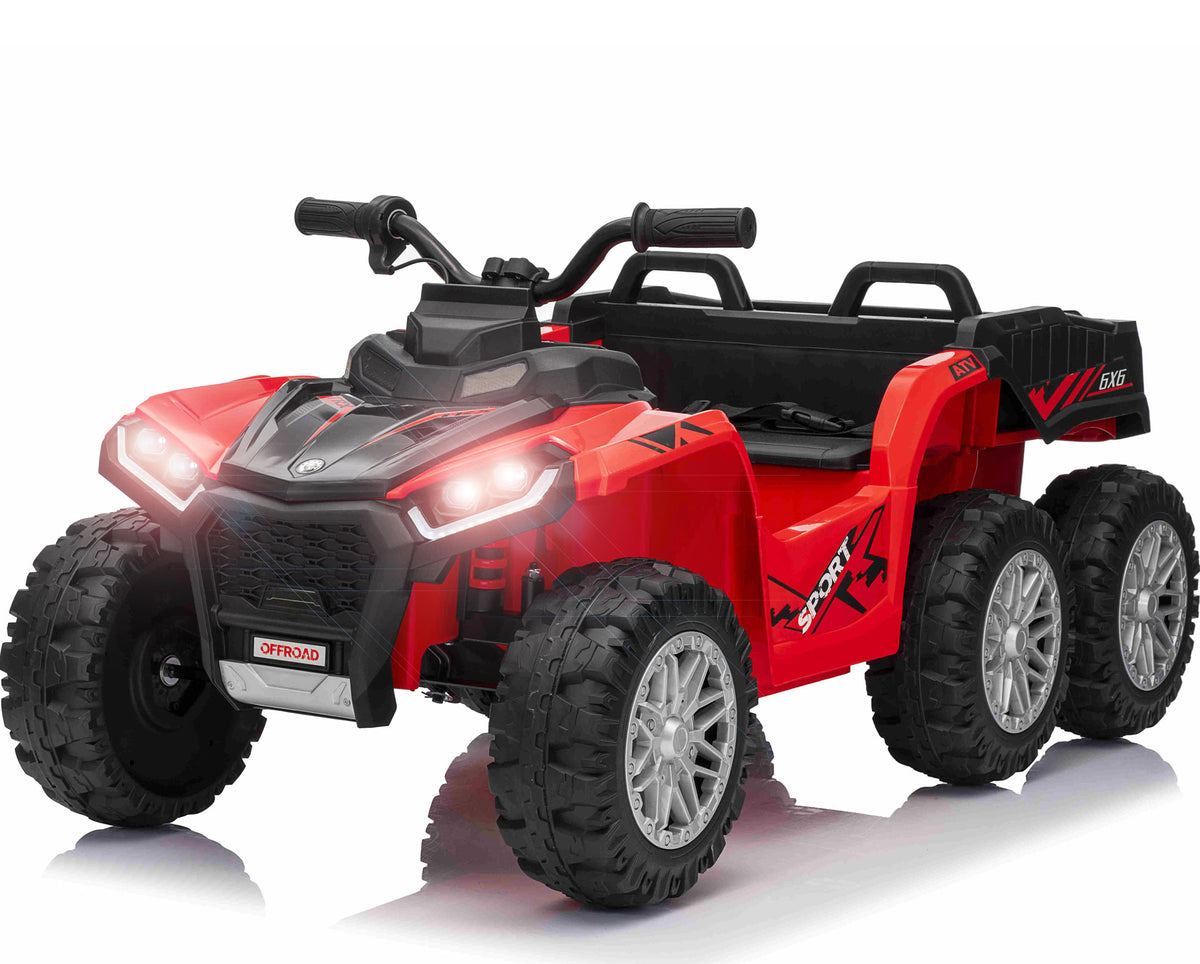 Rød 6-hjulet Megaleg Sport el-ATV til børn med lædersæde og gummihjul