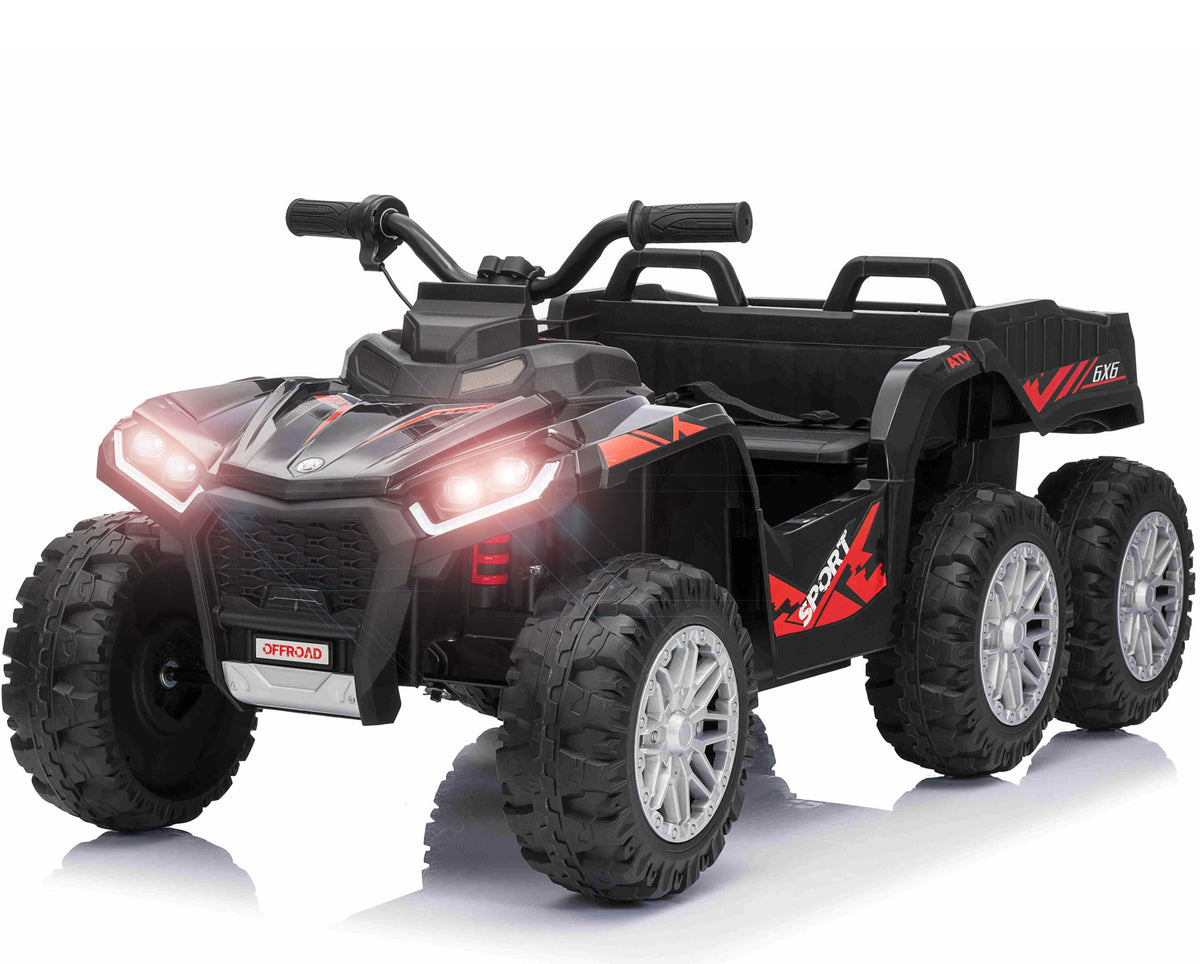 Sort 6-hjulet Megaleg Sport el-ATV til børn med lædersæde og gummihjul