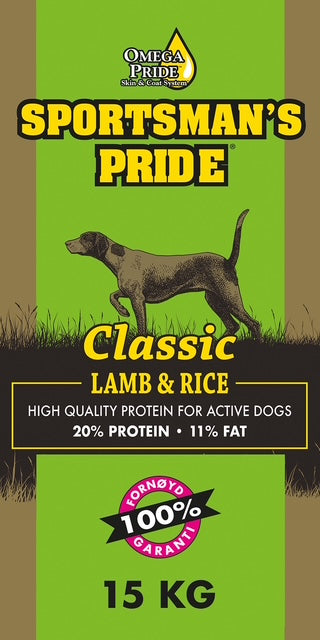 Grøn pose Sportsman´s Pride Classic Lamb & Rice voksenfoder til hunde, 15 kg