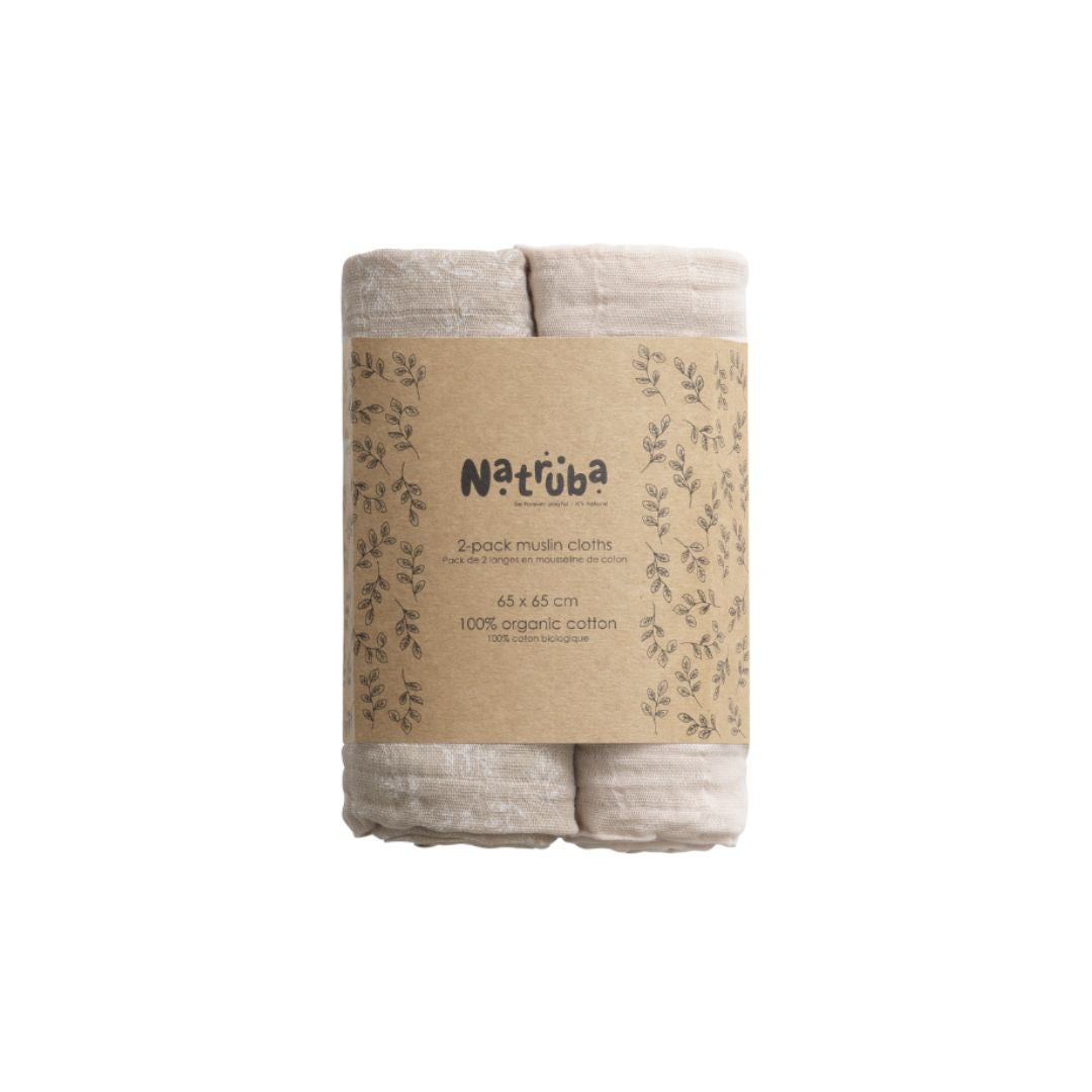 To stofbleer i økologisk muslin i beige toner fra Natruba