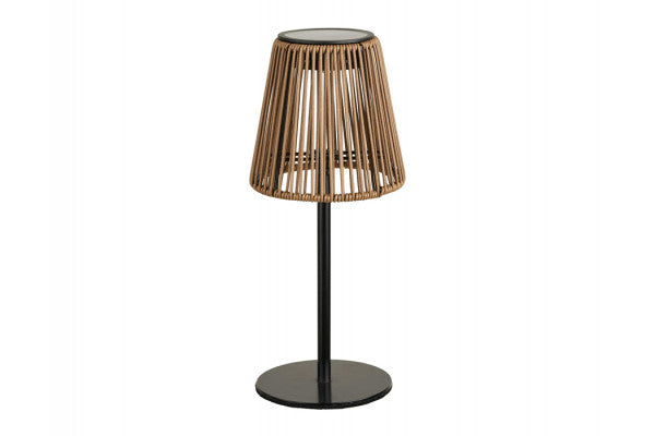 Strand bordlampe med flettet naturfarvet skærm og sort fod og top