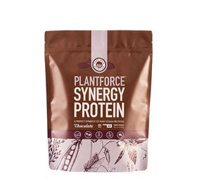 Beholder med Plantforce Synergy Protein Chocolate, vegansk proteinpulver, 800 g
