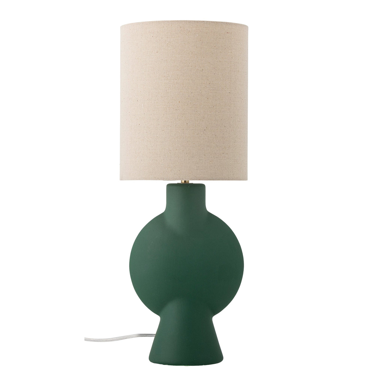 Grøn bordlampe fra Bloomingville, modellen Sergio, med mat keramikbase og skærm i hør