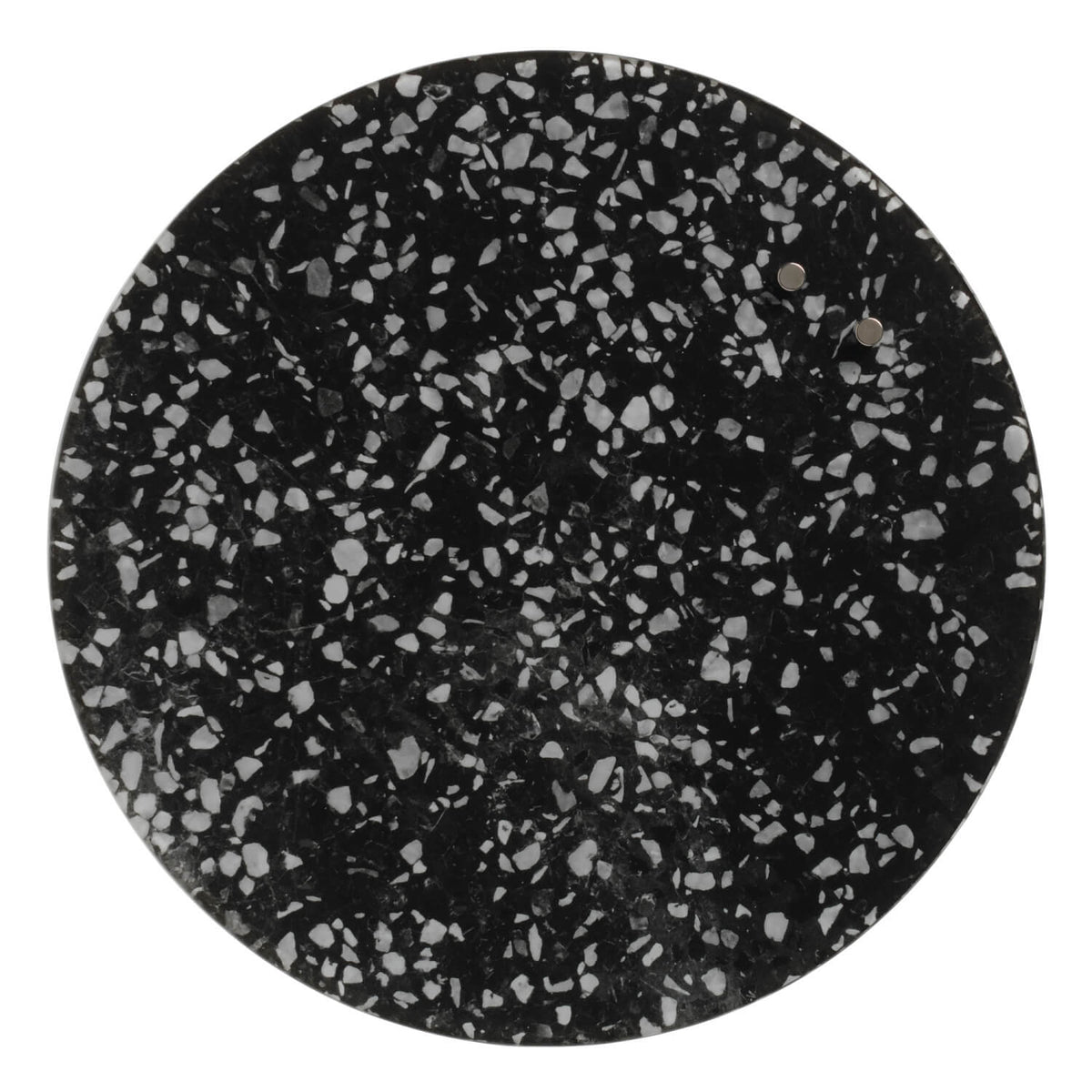 Rund magnetisk glastavle i sort med hvid terrazzo, 35 cm, fra Naga