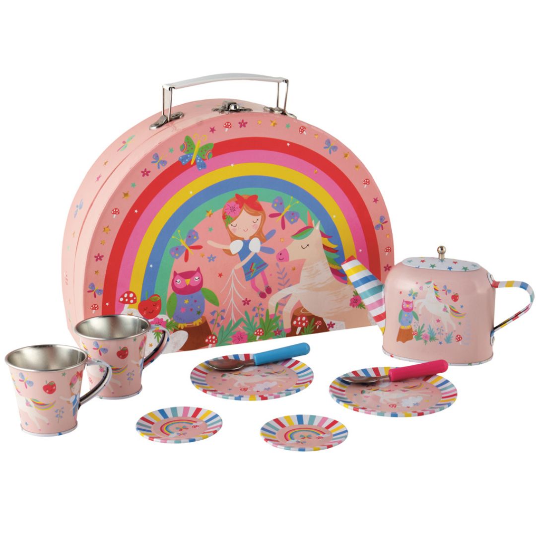 Tesæt til børn med regnbuer og feer, 10 dele i pink kuffert fra Floss & Rock