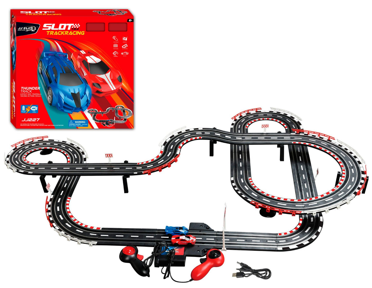 Thunder Track elektronisk racerbane fra JJ Slot med to racerbiler og to håndcontrollere