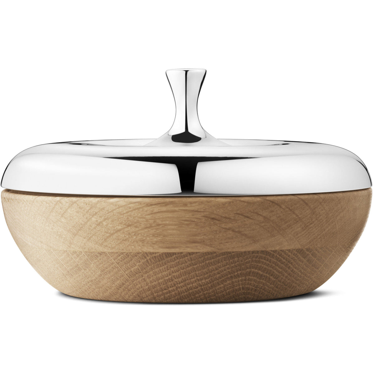 Georg Jensen HK bonbonniere i rustfrit stål og egetræ med moderne udtryk
