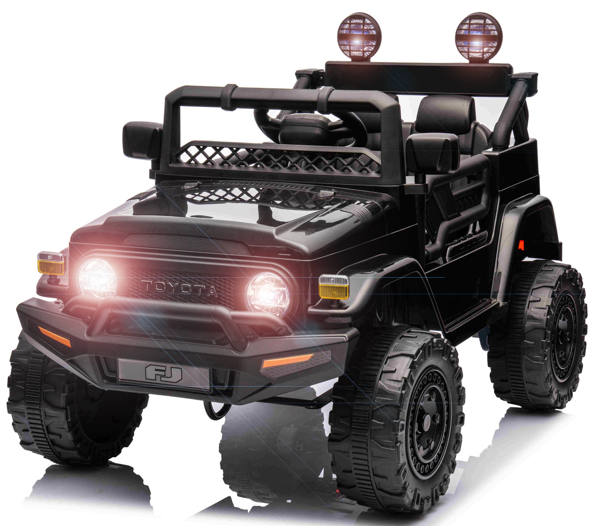Sort Toyota FJ Cruiser elbil til børn med gummihjul og lædersæde