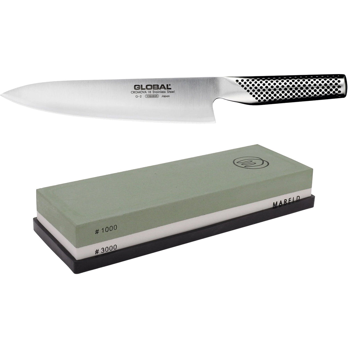 Global G-2 kokkekniv på 20 cm sammen med Mareld slibesten 1000/3000 grit