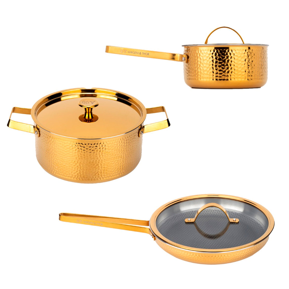 Vargen & Thor Brassa gryde- og stegepandesæt med tre dele i messinglakeret finish
