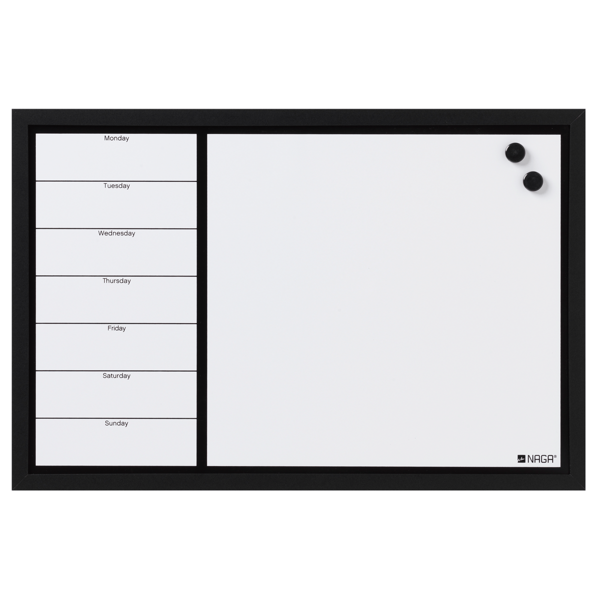 Naga whiteboard ugetavle i størrelse 60 x 40 cm med engelsk tekst, marker og magneter