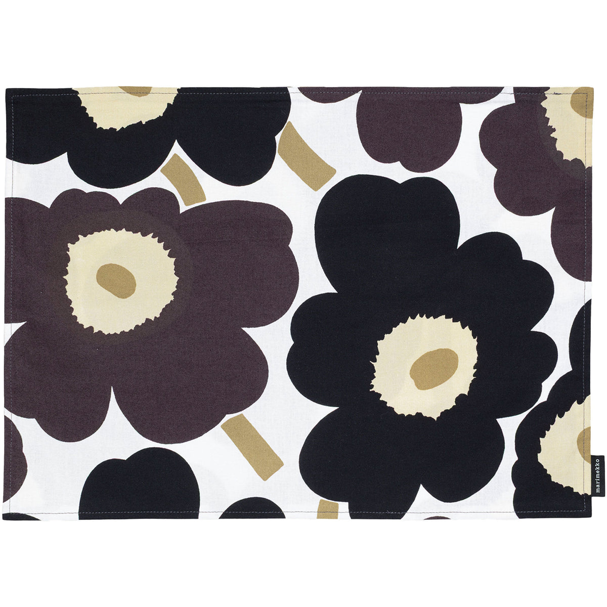 Marimekko Unikko dækkeserviet med blomstermønster i sort, hvid og beige
