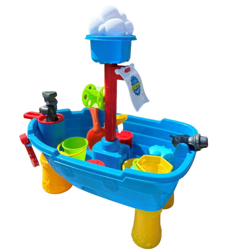 Paradiso Toys farverigt vand- og sandlegebord formet som et piratskib, 14 dele