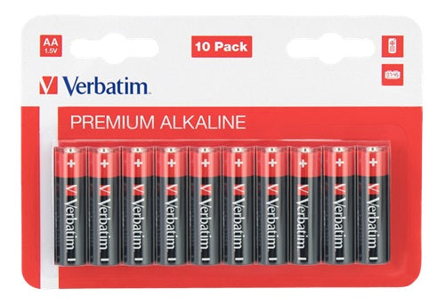Pakke med 10 Verbatim AA alkaline batterier, 1,5 V, model AA-LR6 Mignon