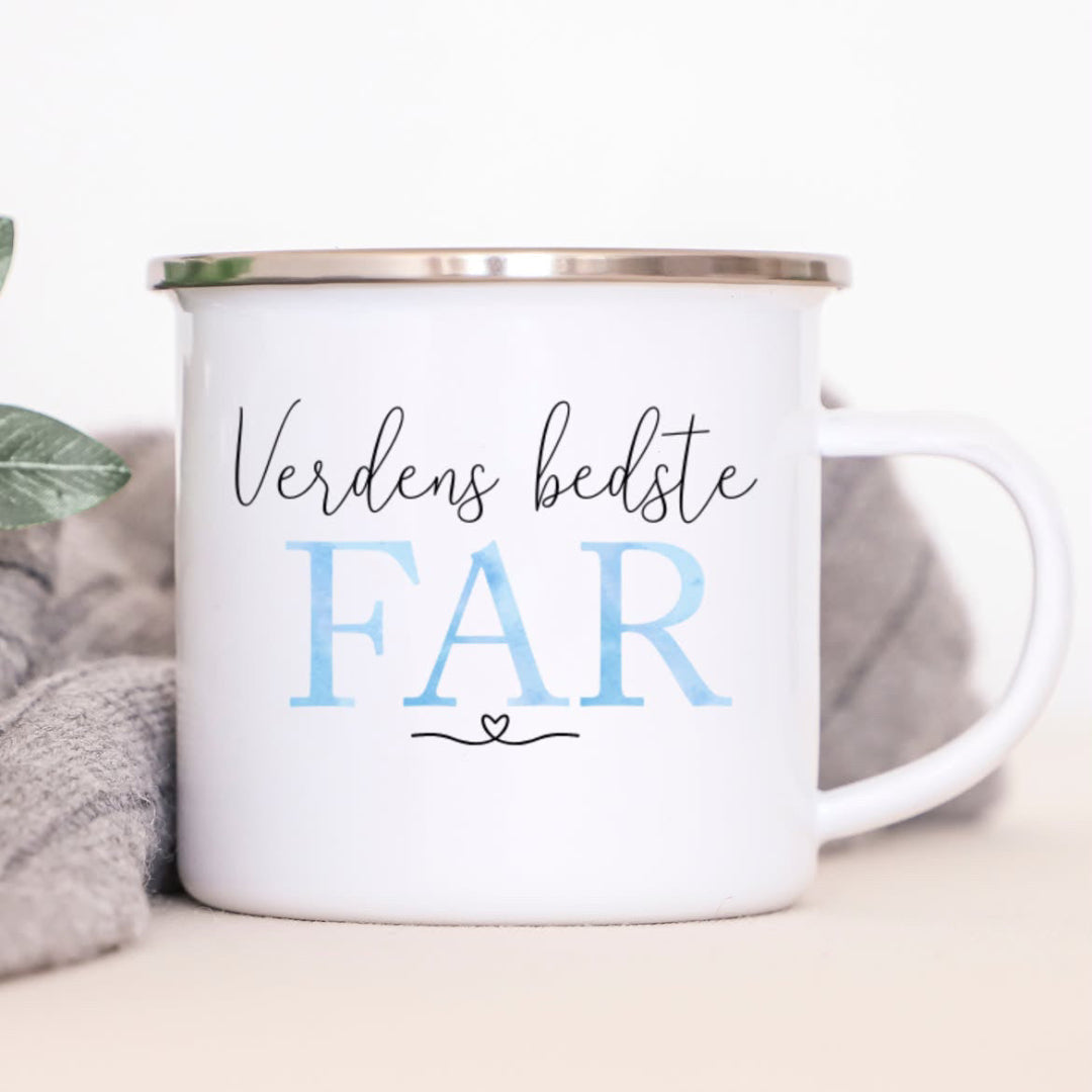Hvid metalkop med hank og teksten Verdens bedste Far fra My little Nordic