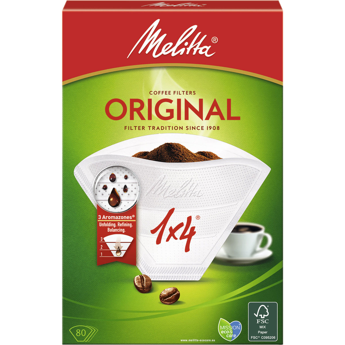 Pakke med hvide Melitta 1x4/80 kaffefiltre med aromahuller
