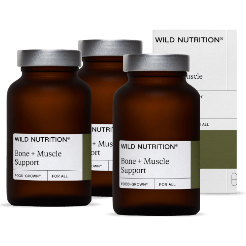 Tre pakker Wild Nutrition Food-Grown Bone + Muscle Support kosttilskud med 90 kapsler