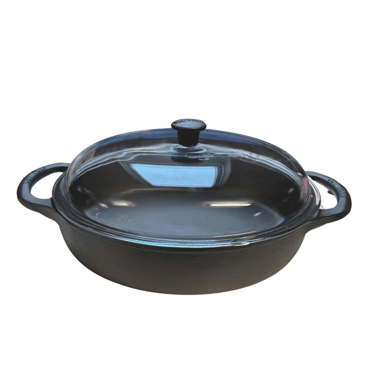Carl Victor sauterpande i støbejern med glaslåg, 32 cm