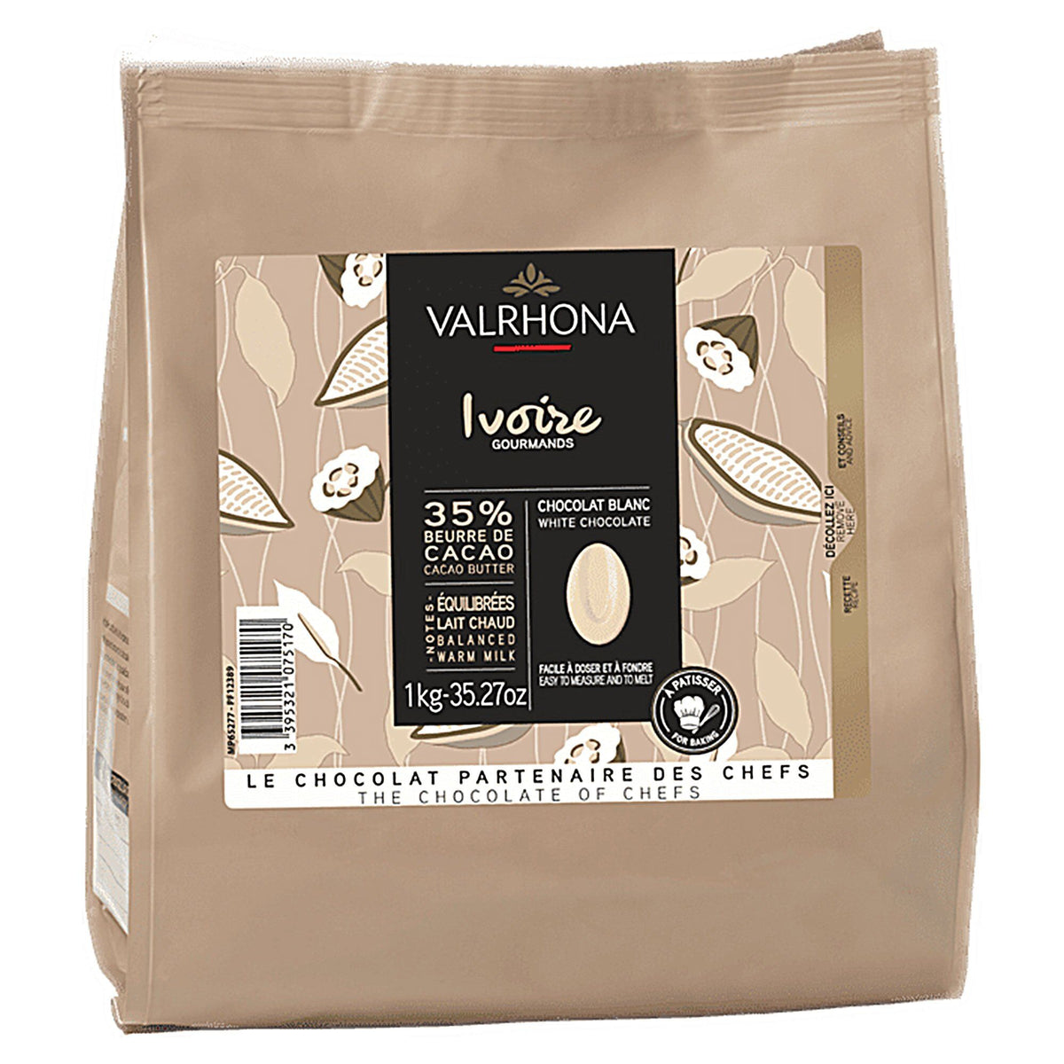 Valrhona Ivoire hvid chokolade med 35 % kakao i pakke på 1 kg