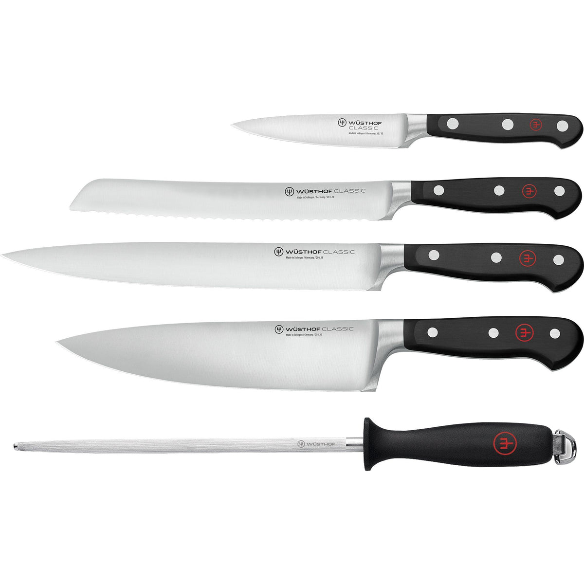 Wüsthof Classic knivsæt med fem dele: kokkekniv, trancherkniv, brødkniv, urtekniv og strygestål