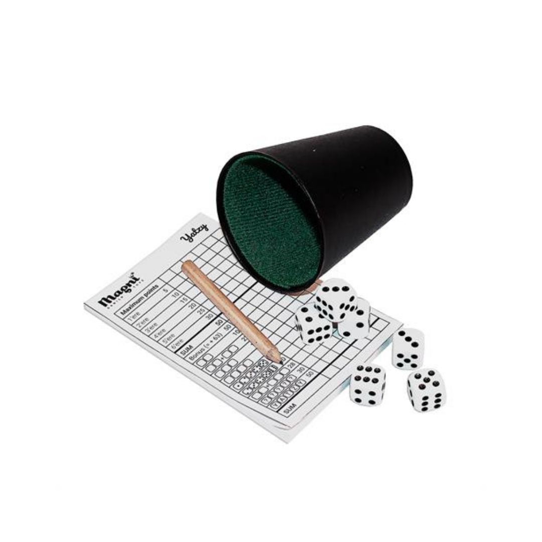 Mini yatzyspil med terninger og blok fra Magni