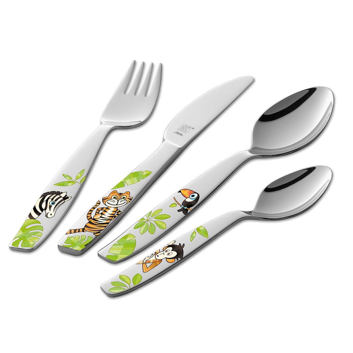 Zwilling Jungle børnebestik i rustfrit stål med dyremotiver som tiger, abe og zebra