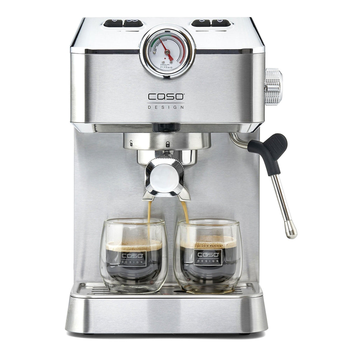 Sølvfarvet Caso Espresso Gourmet espressomaskine i rustfrit stål