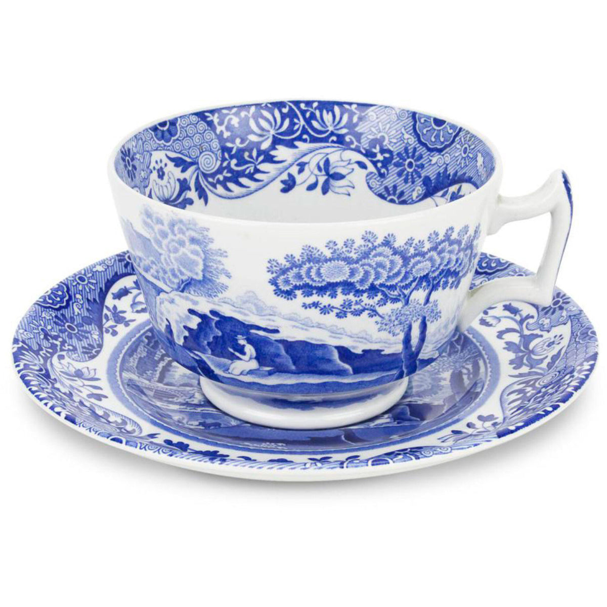Spode Blue Italian morgenmadskop med underkop i porcelæn, hvidt og blåt mønster