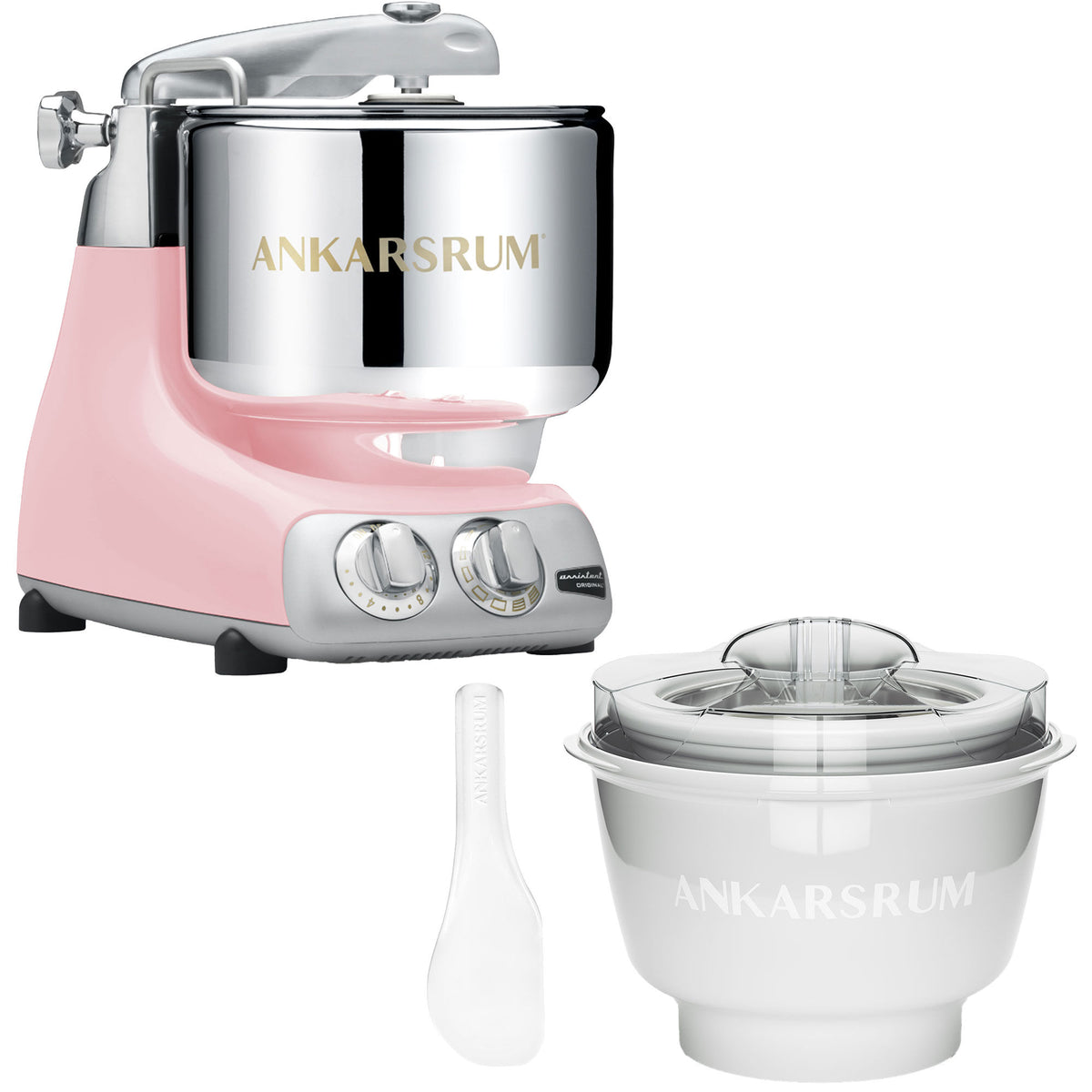 Ankarsrum Assistent Original røremaskine i Cloudy Pink med ismaskineudstyr