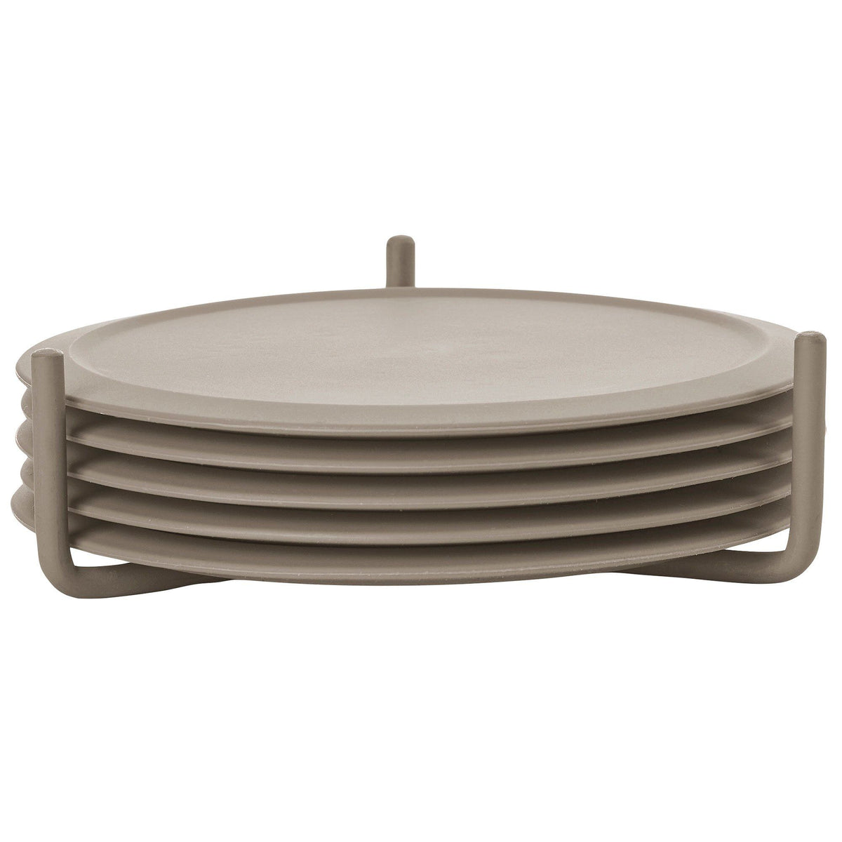 Seks glasbrikker i taupe silikone fra Zone, 10 cm i diameter, med holder i metal