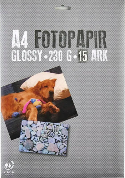 Se Fotopapir A4 230g glossy 15 ark online her - Ean: 5709068304413