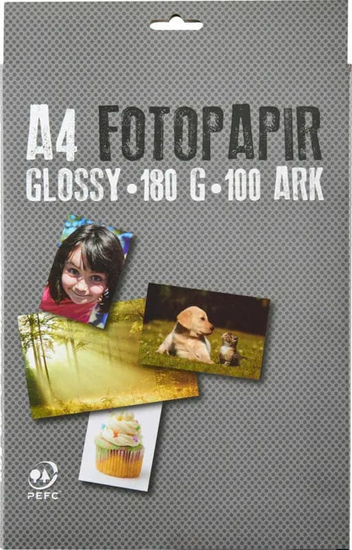 Se Fotopapir A4 180g glossy 100ark online her - Ean: 5709068304437