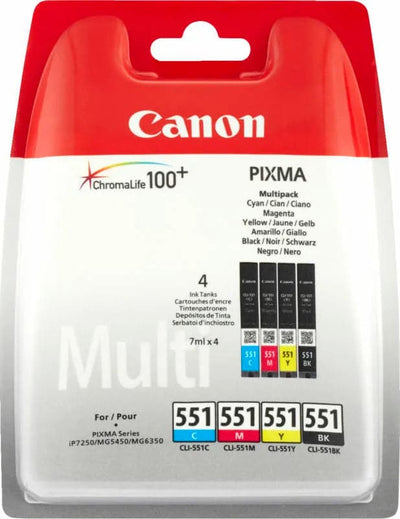 Se Canon CLI-551 c/m/y/bk multi pack printerpatron online her - Ean: 8714574584409