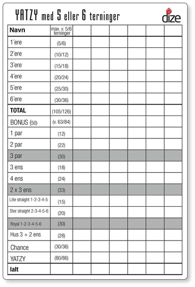 Se Spil Yatzy blok A5 til 6 terninger 3 stk online her - Ean: 5711708050383