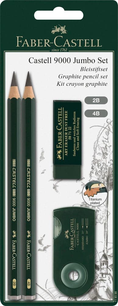 Se Faber-Castell Blyant sæt pitt 9000 jumbo 2 ass spidser+visk. online her - Ean: 4005401193982
