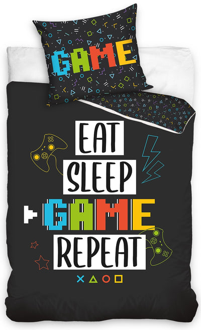 Se Eat, Sleep, Game, Repeat Gamer Sengetøj - 100 procent bomuld ✔ Kæmpe udvalg i  mmaction ✔ Hurtig levering: 1 - 2 Hverdage samt billig fragt - Varenummer: MMA-2040311 og barcode / Ean: '5904302517189 på lager - Udsalg på Gaming Sengetøj til Børn Spar op til 67% - Over 785 kendte brands på udsalg